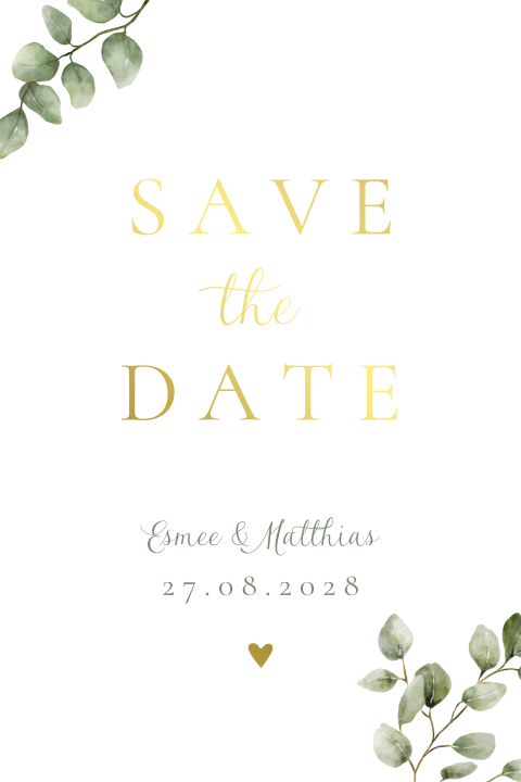 Save the date kaart eucalyptus takjes goudfolie