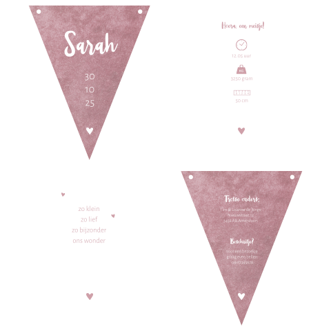 Geboortekaartje vlaggetjes met roze velvet look achtergrond