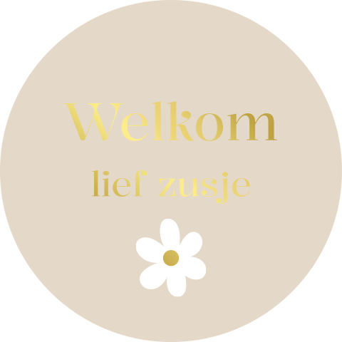 Sluitsticker geboortekaartje beige zusje bloem
