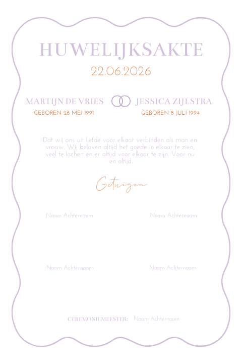 Trouwakte bruiloft ceremonie Lovely Lila