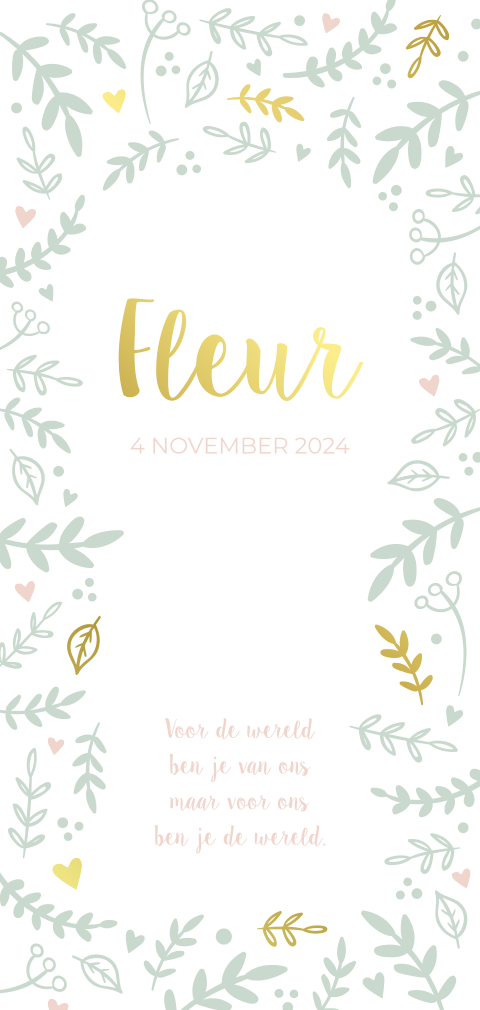 Geboortekaartje meisje botanische takjes mintgroen met goudfolie