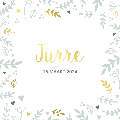 Geboortekaartje jongen botanisch met takjes goudfolie