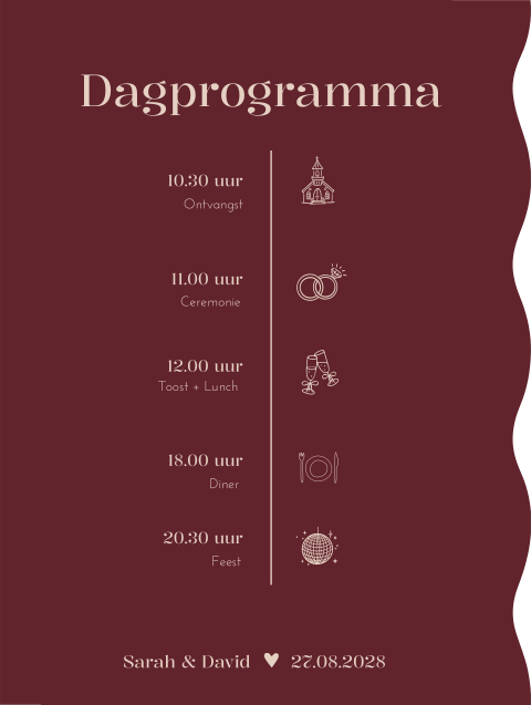 Programmabord bruiloft stans golf burgundy