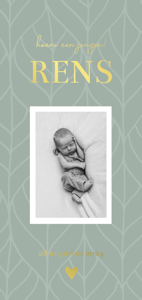 Geboortekaartje jongen botanisch patroon foto goudfolie