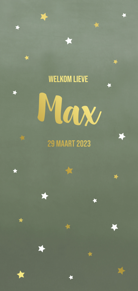 Geboortekaartje jongen legergroen goudfolie sterren