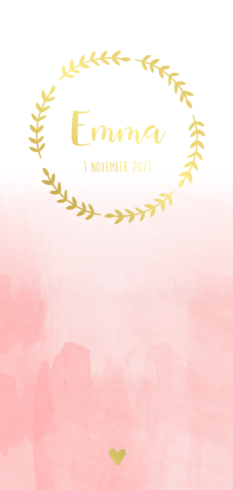 Geboortekaartje meisje watercolor roze met krans goudfolie takjes