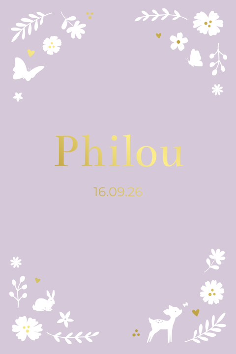 Geboortekaartje meisje lila, bloemen, dieren & goudfolie