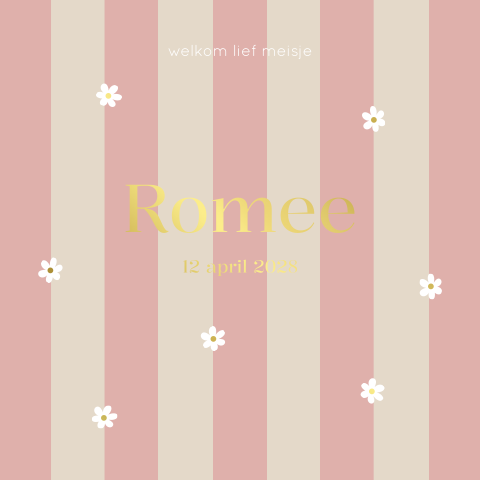 Geboortekaartje meisje strepen beige roze bloemen