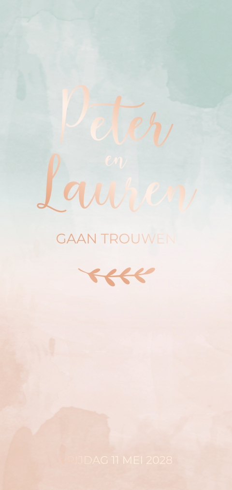 Trouwkaart watercolor mintgroen peach rosefolie
