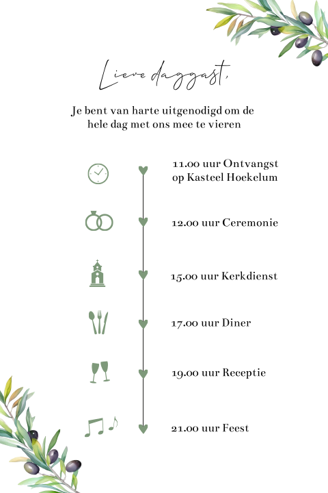 Trouwkaart dagprogramma olijftakjes