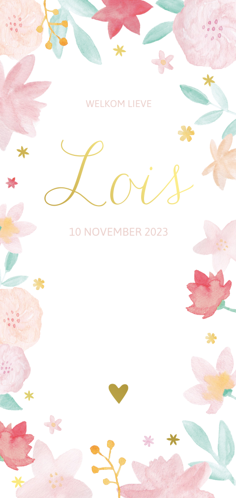 Geboortekaartje meisje watercolor bloemetjes en goudfolie