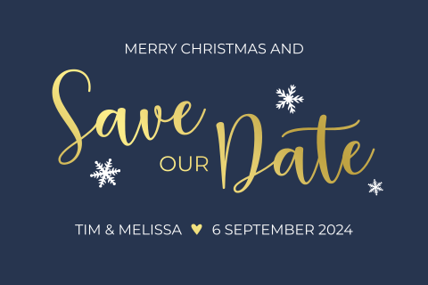 Save the Date kerstkaart donkerblauw, sneeuwvlokjes & goudfolie