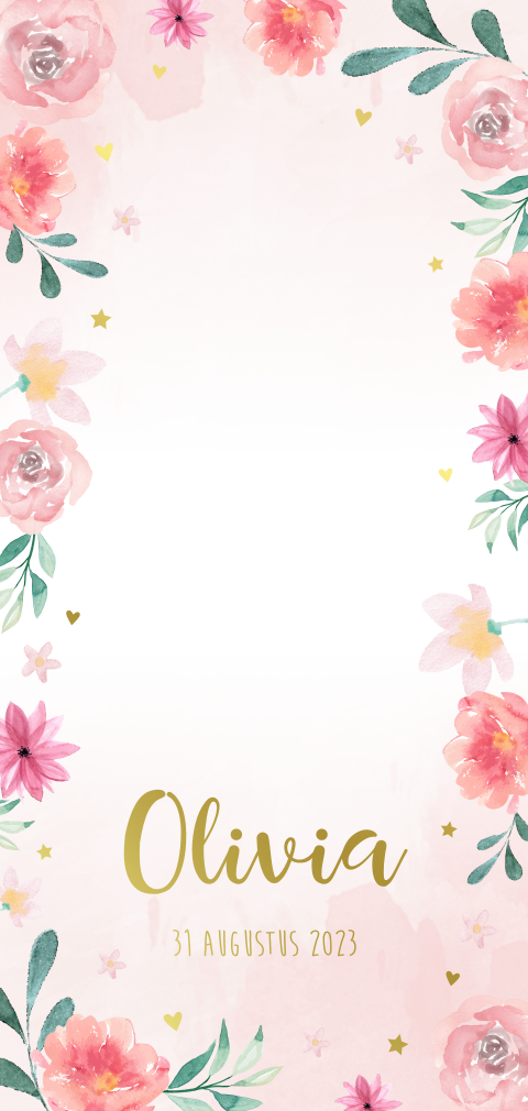 Geboortekaartje meisje met watercolor bloemen & goudfolie