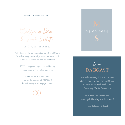 Trouwkaart golfvorm pakketje modern blauw