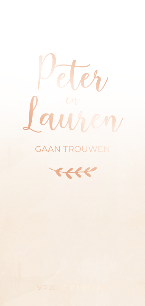 Trouwkaart watercolor achtergrond creme rosefolie takje