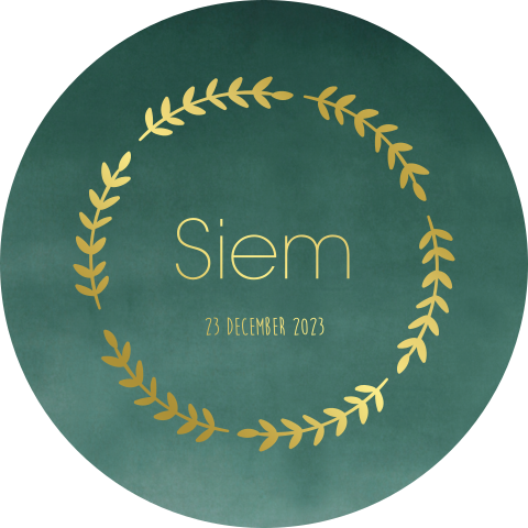 Geboortekaartje stans vorm rond met krans takjes en goudfolie