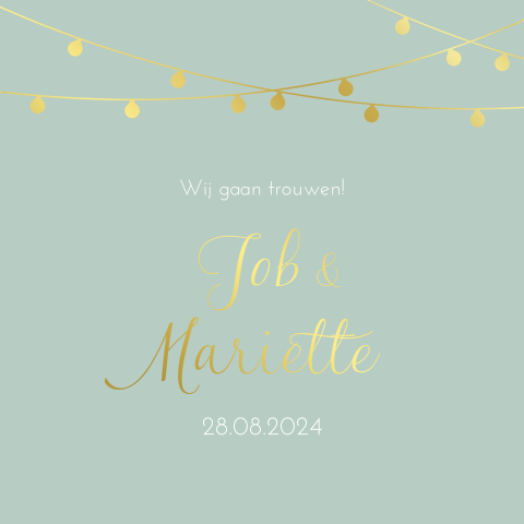 Trouwkaart mintgroen met slinger lampjes en goudfolie