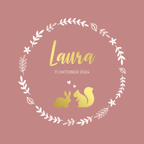 Oudroze geboortekaartje meisje herfstkrans & goudfolie bosdieren
