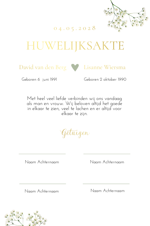 Trouwakte bruiloft ceremonie Ivory Blossoms