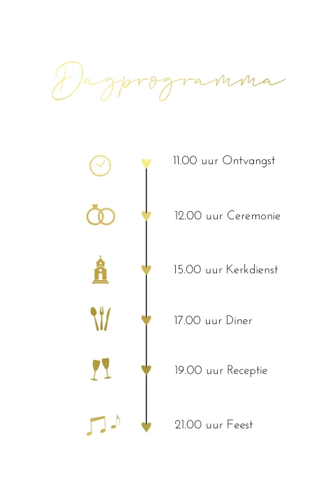 Dagprogramma trouwkaart romantisch tijdlijn goudfolie