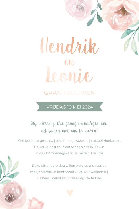 Trouwkaart met watercolor bloemen, takjes en rosefolie