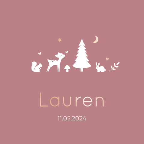 Geboortekaartje meisje oudroze met bosdieren en rosefolie