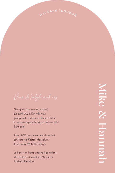 Trouwkaart feestgasten boogvorm roze Colorful Love