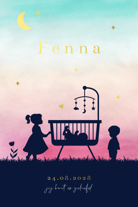 Geboortekaartje meisje wieg silhouet sterrenhemel