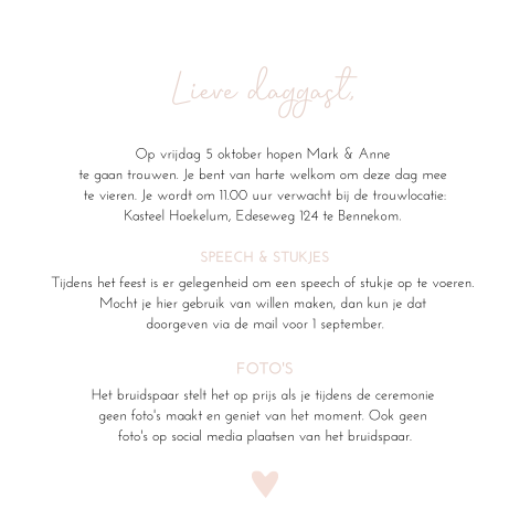 Ceremoniemeester kaart modern lichtroze sierlijk hartje