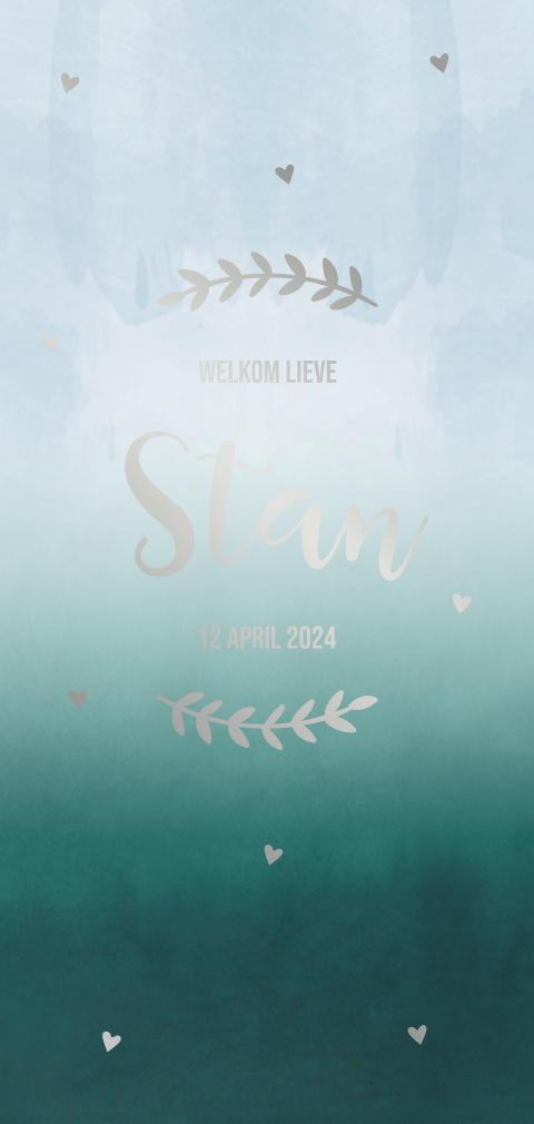 Geboortekaartje jongen donkergroen & blauw watercolor zilverfolie