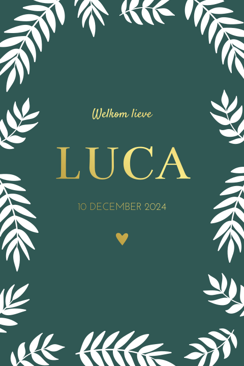 Geboortekaartje jongen donkergroen bladeren met goudfolie