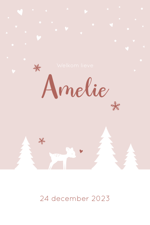 Geboortekaartje meisje winter met sneeuw vlokjes eh hertje