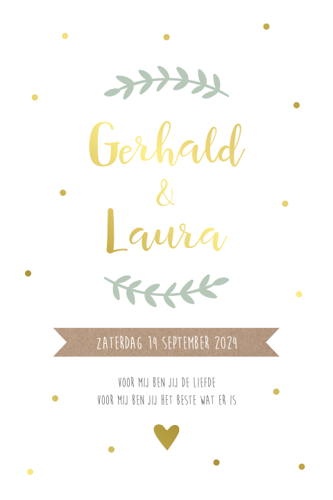 Trouwkaart met eucalyptus takjes en goudfolie stipjes