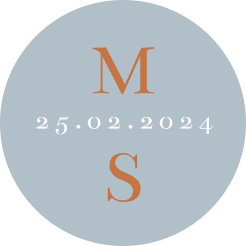 Sluitsticker trouwkaart Martijn & Sarah blauw initialen roest datum