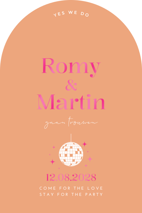 Trouwkaart boogvorm disco modern oranje