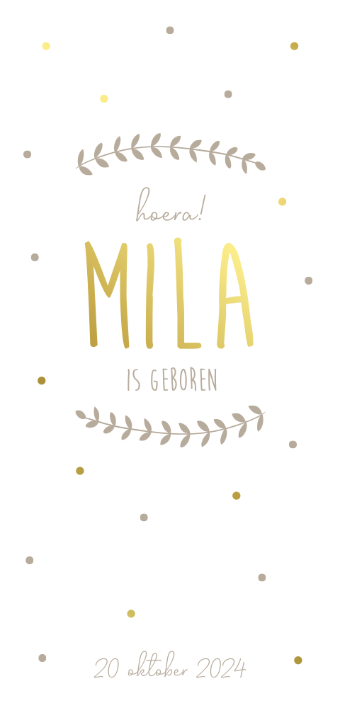 Geboortekaartje neutraal met goudfolie en stipjes