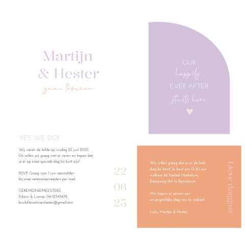 Trouwkaart stapelkaart boogvorm modern lila oranje