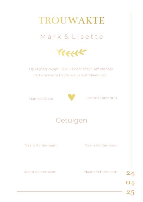 Trouwakte bruiloft Golden Love