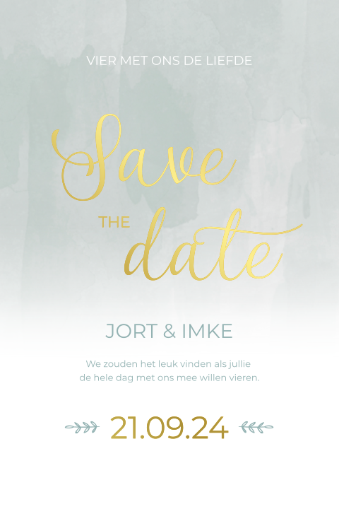 Save the Date kaart watercolor mintgroen met takjes en goudfolie