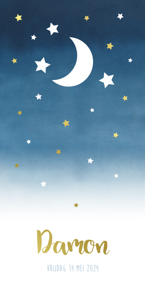 Geboortekaartje jongen stans vorm maan sterren watercolor goudfolie