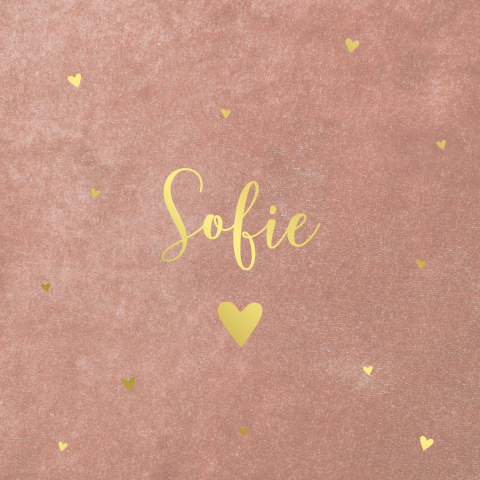 Geboortekaartje meisje velvet look achtergrond goudfolie hartjes