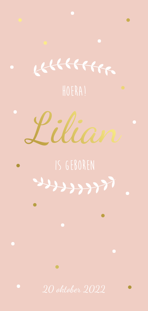 Geboortekaartje meisje peach roze - takjes, goudfolie & stipjes