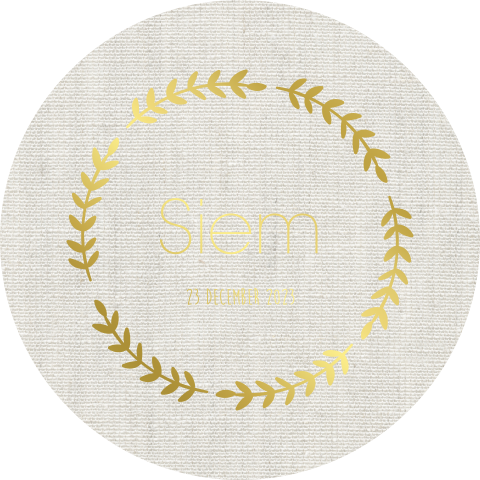 Geboortekaartje stans vorm rond krans takjes goudfolie neutraal