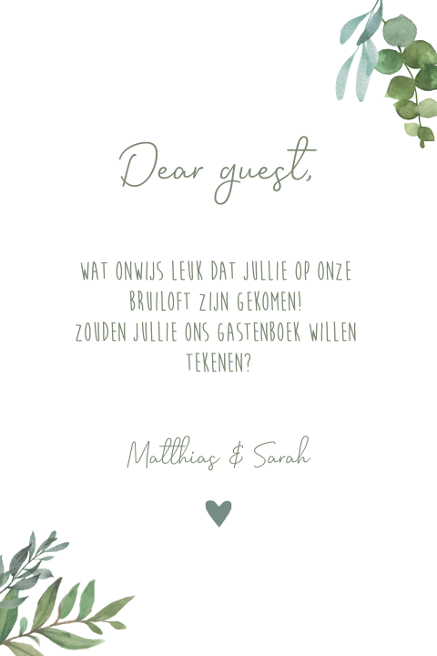 Kaart bij gastenboek - Botanical leaves