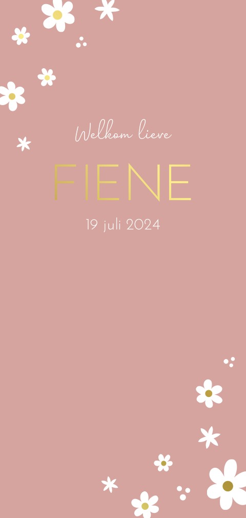 Geboortekaartje meisje oudroze met madelief bloemen en goudfolie