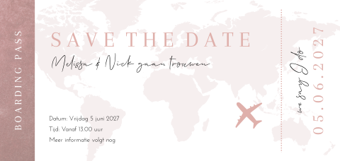 Save the date kaart bruiloft boarding pass wereldbol roze goudfolie