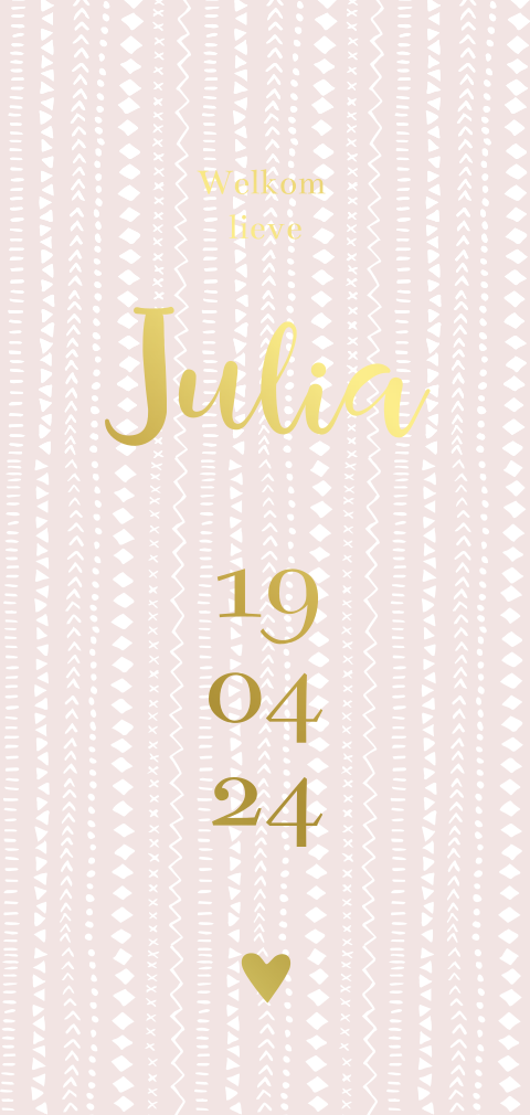 Geboortekaartje meisje lichtroze patroon aztec met goudfolie