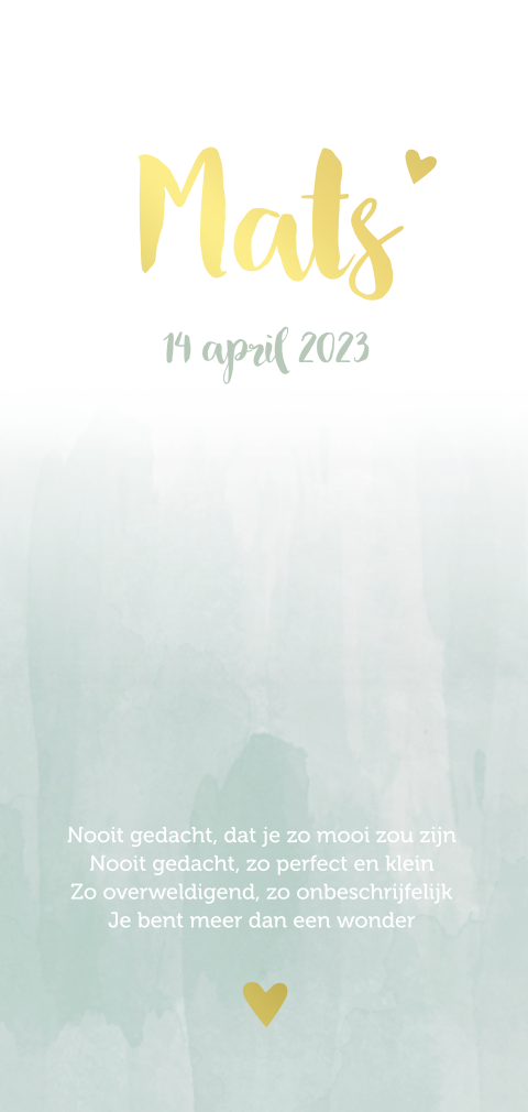 Geboortekaartje jongen mint watercolor met goudfolie