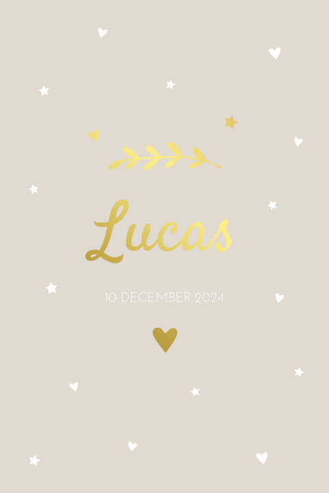Geboortekaartje jongen goudfolie hartjes sterren neutraal