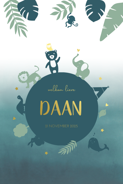 Geboortekaartje met wereldbol, dieren en goudfolie